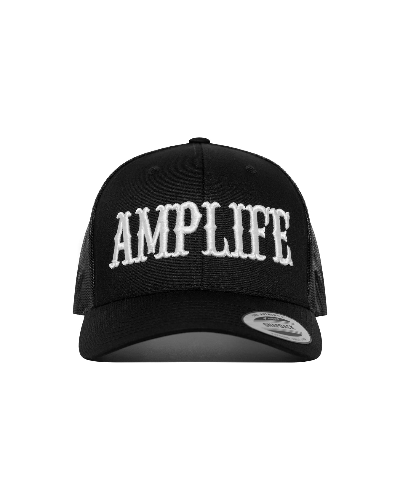 Amplife® Black & White Curved Bill Trucker Snapback