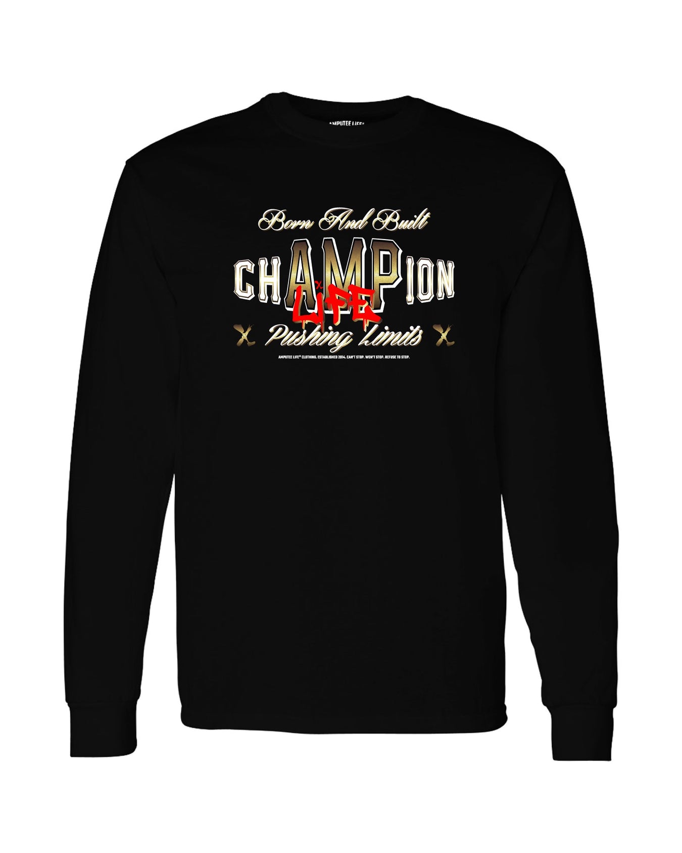 Amplife® Born and Built Champion Black & Gold Long Sleeve T-Shirt