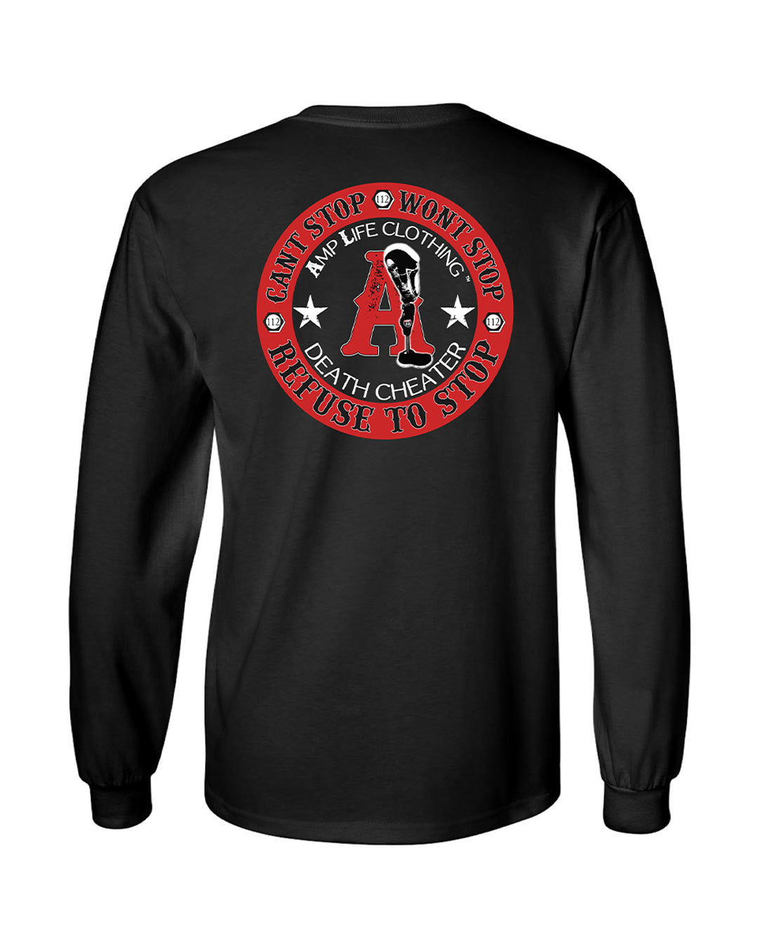 Amplife® Death Cheater™ Left Chest & Back Print Black & Red Long Sleeve T-Shirt