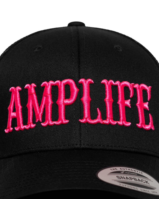 Amplife® Black & Pink Curved Bill Trucker Snapback Front Detail