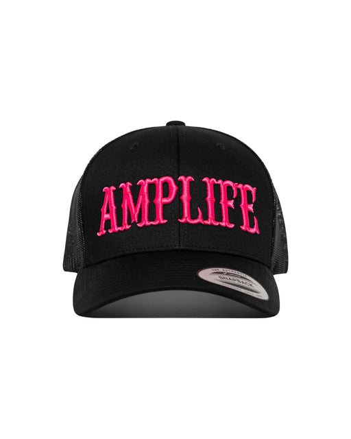 Amplife® Black & Pink Curved Bill Trucker Snapback Front