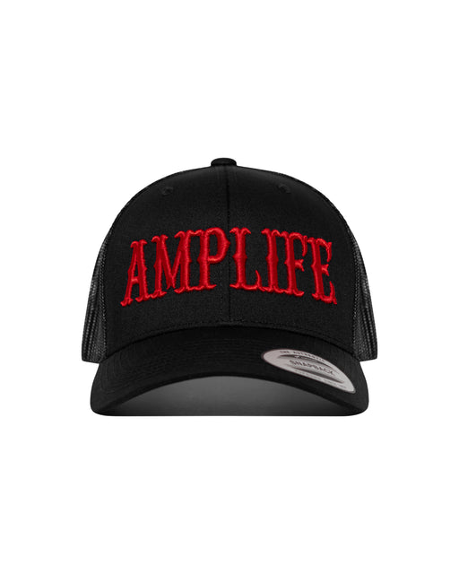 Amplife® Black & Red Curved Bill Trucker Snapback Front