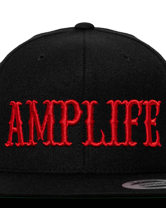 Amplife® Black & Red Flat Bill Snapback Front Detail