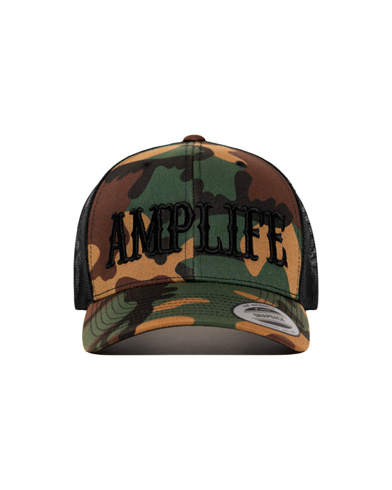 Amplife® Camo & Black Curved Bill Trucker Snapback Front