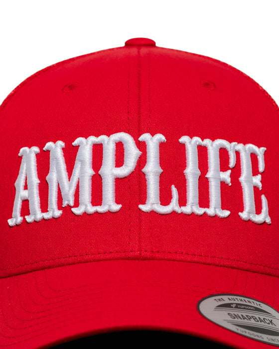 Amplife® Red & White Curved Bill Trucker Snapback Front Detail