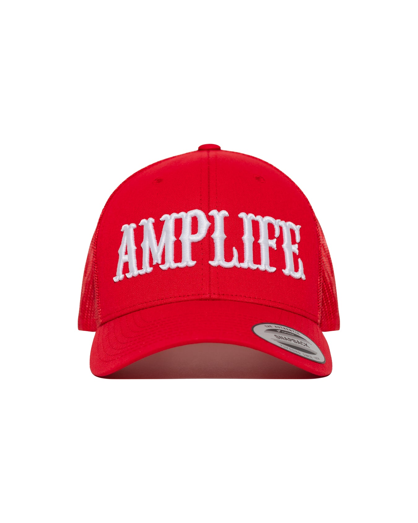 Amplife® Red & White Curved Bill Trucker Snapback Front