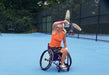 A Cincinnati Tennis Foundation advanced wheelchair tennis participant  getting ready to return a serve.