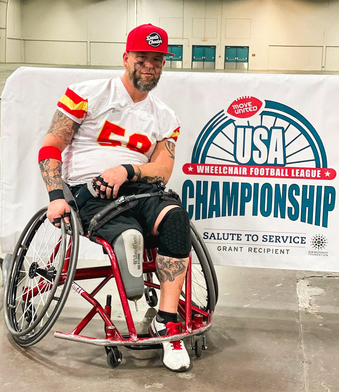 Team Amplife® Ambassador Jason Loftiss wearing the Death Cheater® Halo Flat Bill Snapback after competing in the Move United Wheelchair Football Superbowl as the Kansas City Chiefs.