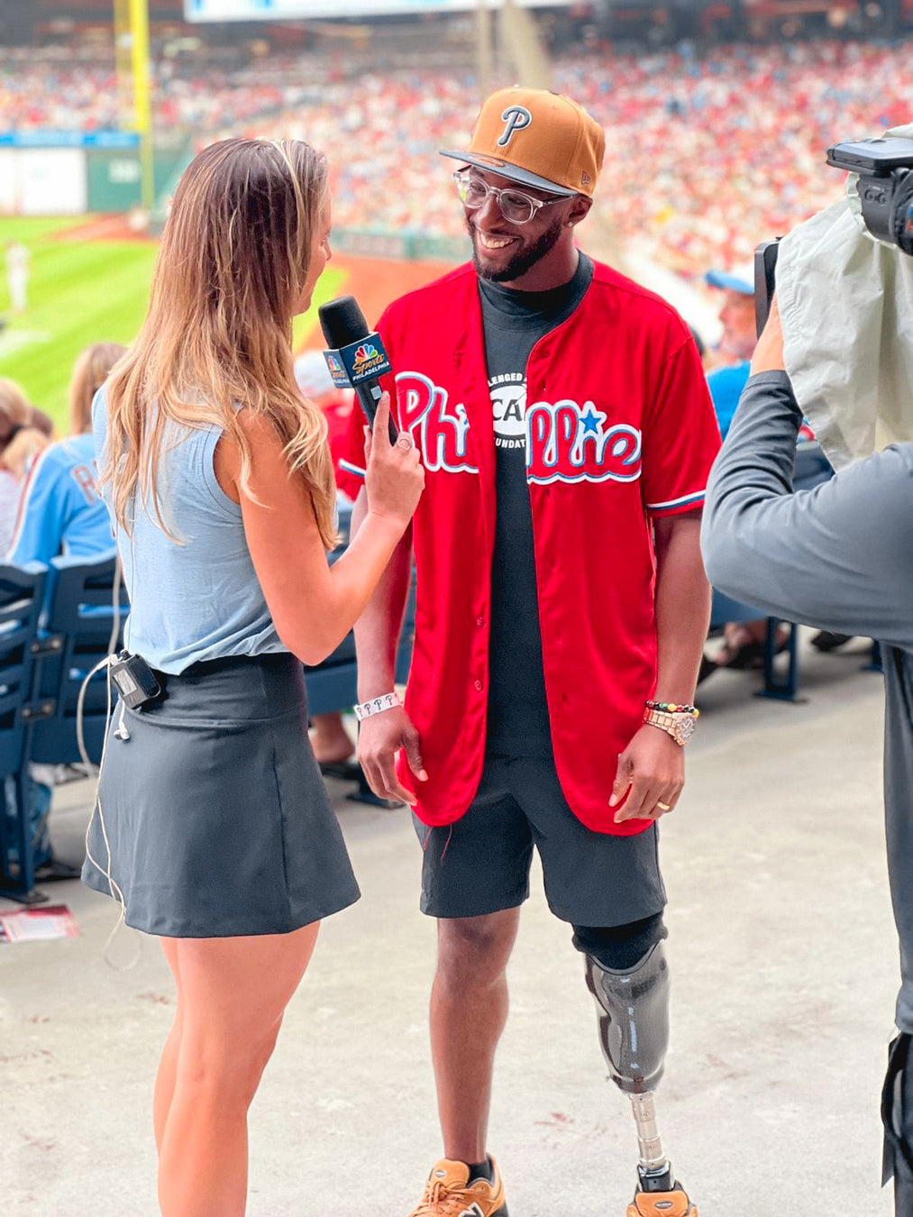 Team Amplife® Ambassador Michael Braxton Jr. being interviewed by NBC Philadelphia after throwing out the 1st pitch at the Phillies game.