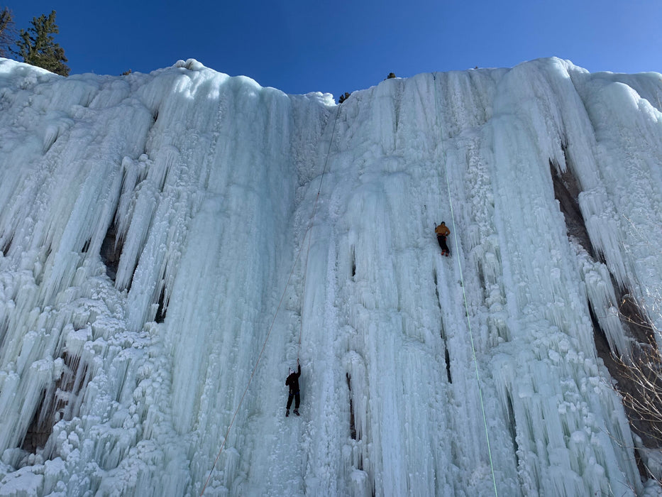 Paradox Sports climbers ascending the icewall at the Lake City Ice Skills 201.