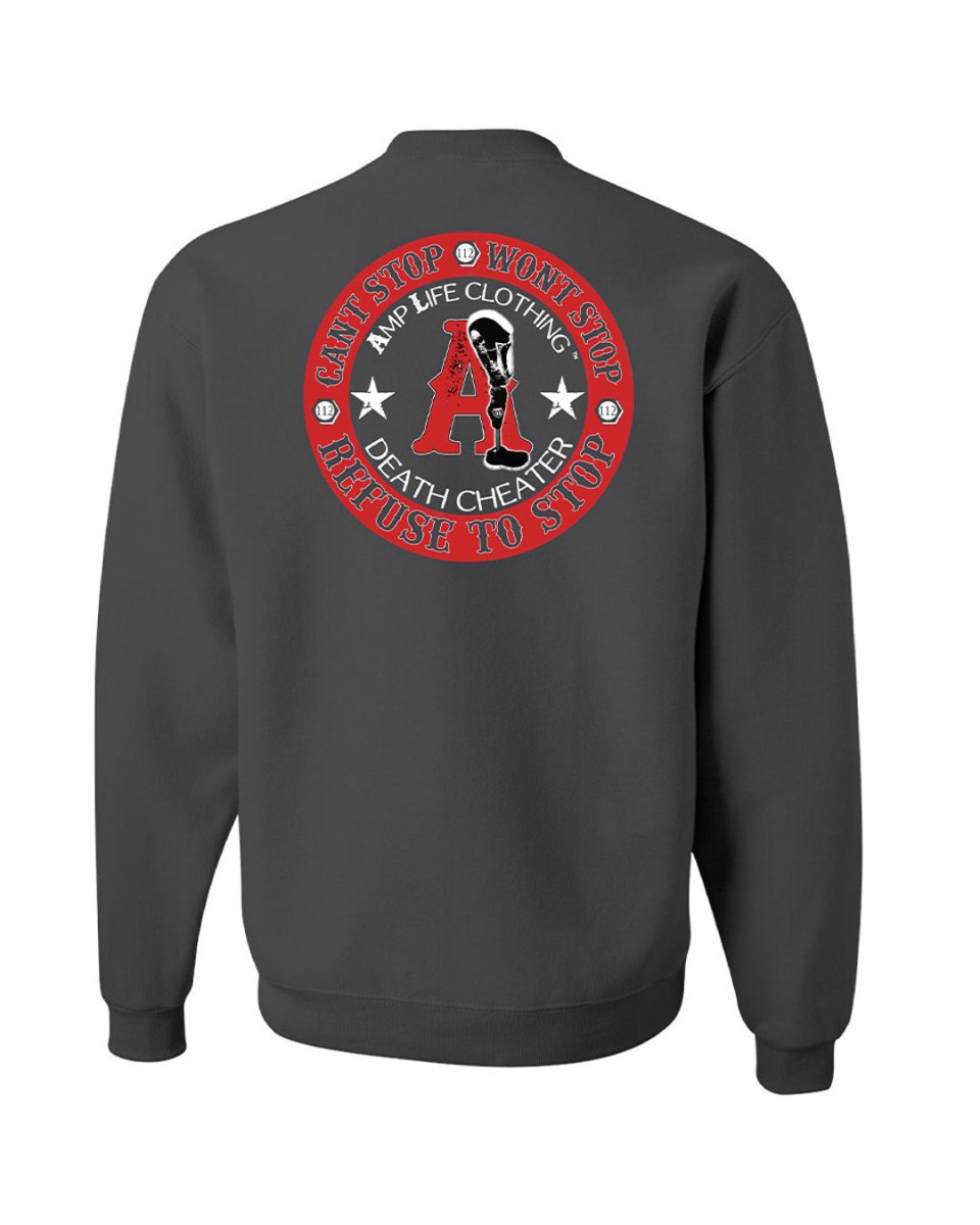 AMPLIFE DEATH CHEATER LEFT CHEST & BACK PRINT CHARCOAL GREY & RED CREWNECK SWEATSHIRT - CREWNECK SWEATSHIRTS - Amplife®