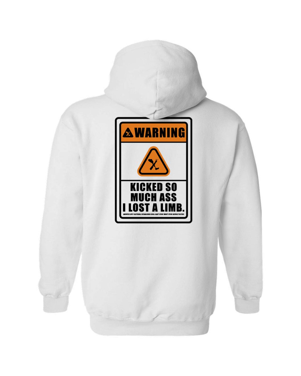 Warning Lost A Limb Left Chest & Back Print White Hoodie